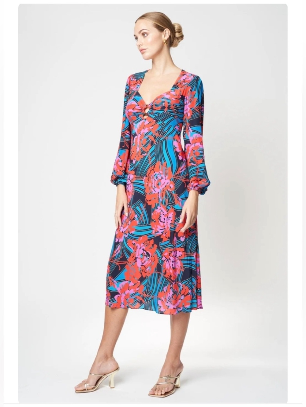 Floral Midi Party Dress Long Gathered Sleeve O-Ring in Blue and Pink